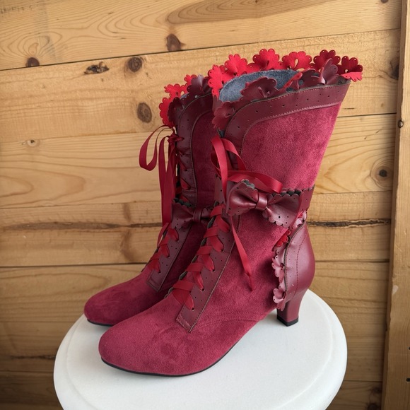 The Unbranded Brand Shoes - New Steam Punk Victorian Red Ribbon Lace Up Boots Sz 41 Ren Faire Whimsigoth